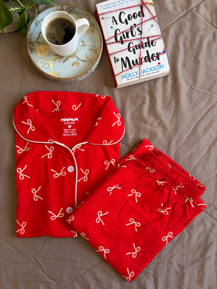 Red Bow Button Down Set